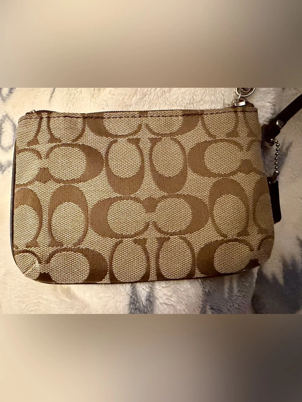 Coach Brown Signature Canvas Wristlet with Dark Brown Leather Trim